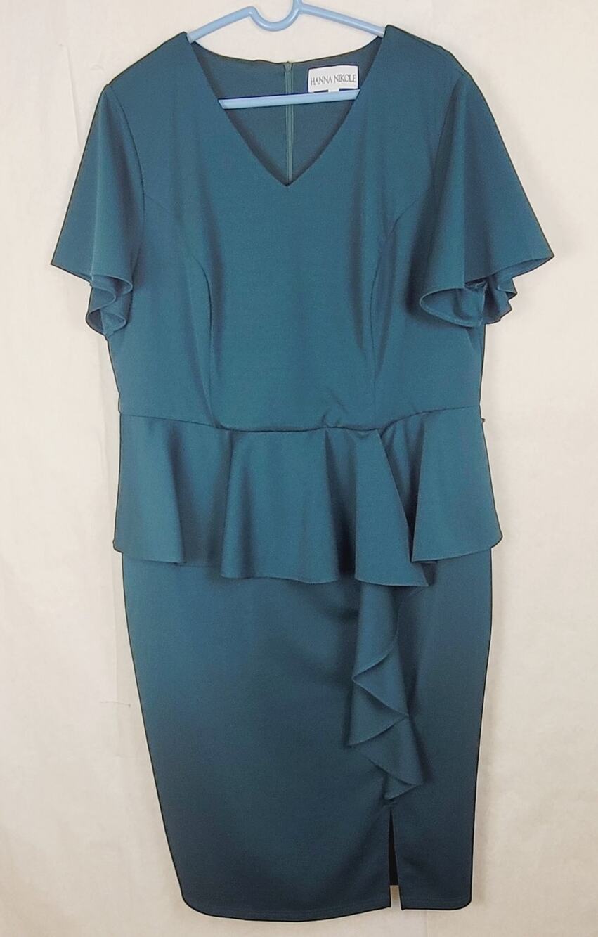 Hanna Nikole green ruffled vneck sheath dress size 20W Career Cocktail Feminine